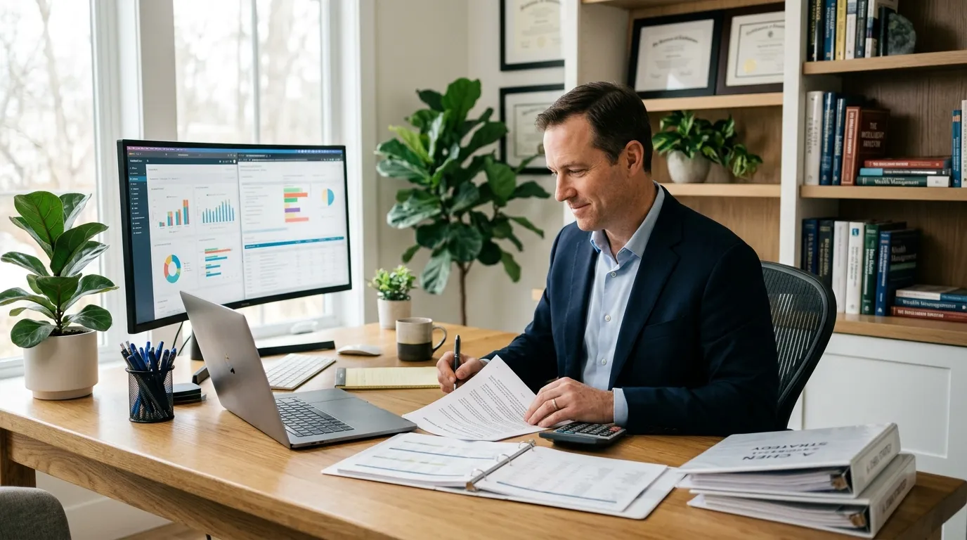 Consultor autônomo planejando como monetizar rede de contatos com soluções financeiras inteligentes.