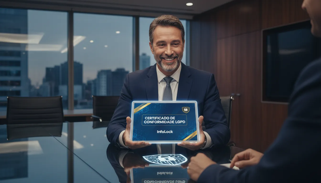 Executivo recebe certificado de conformidade LGPD, ambiente corporativo e logotipo InfoLock.