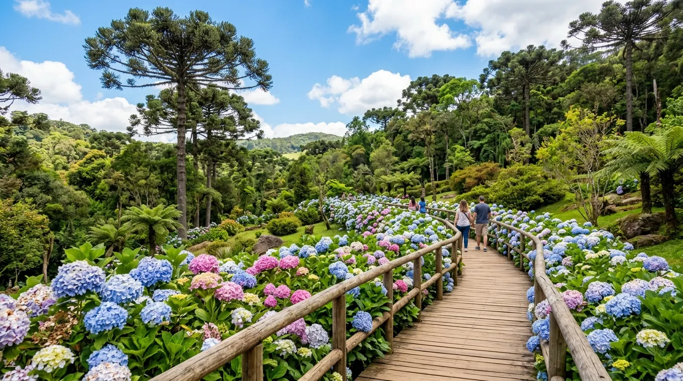 Hortênsias floridas na primavera indicando a melhor época para viajar para gramado e canela.