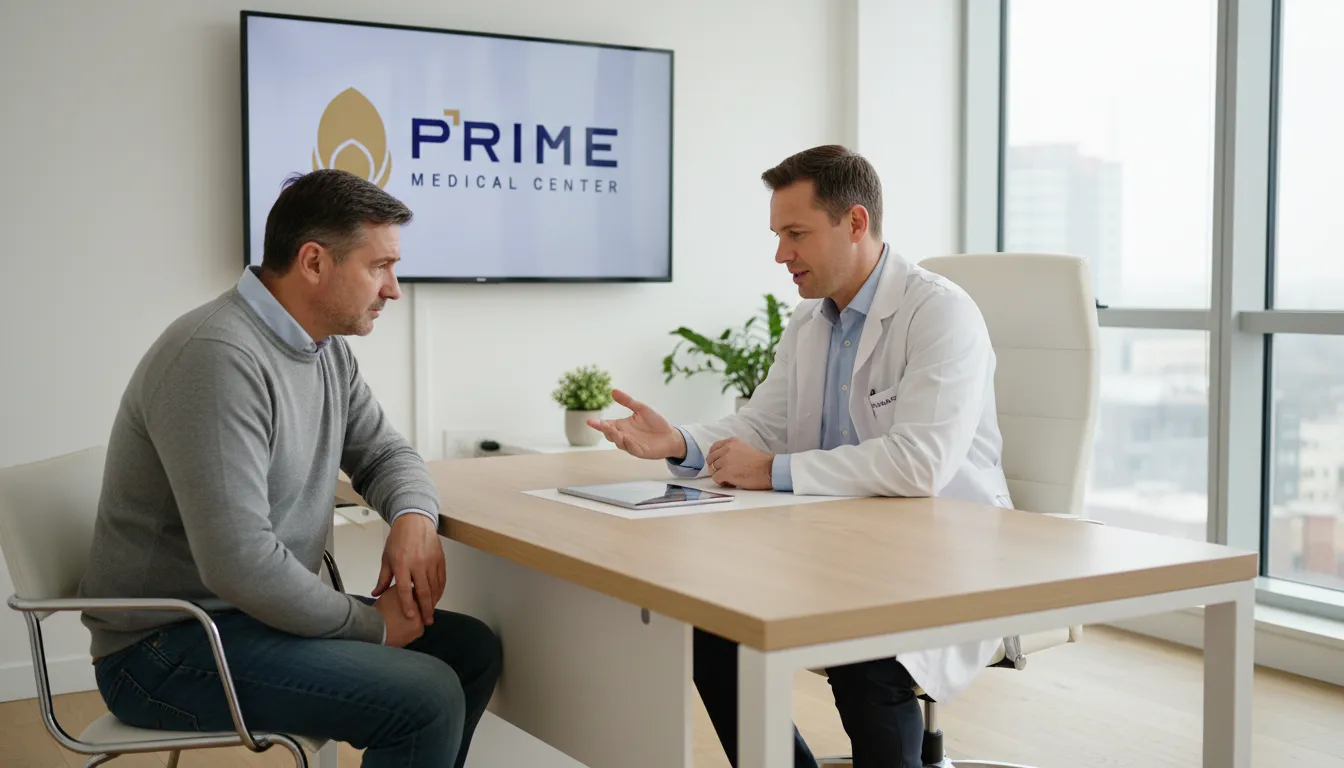 Médico explicando opções de tratamento para disfunção erétil tem cura para paciente preocupado em consultório moderno.