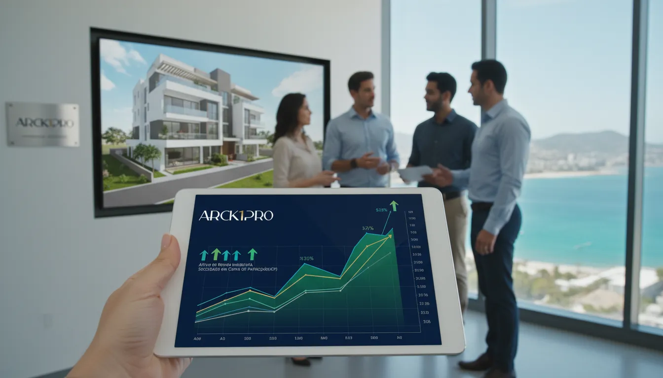 Mão segurando tablet com gráfico financeiro de ARI. Como investir em imóveis com dados concretos e segurança.