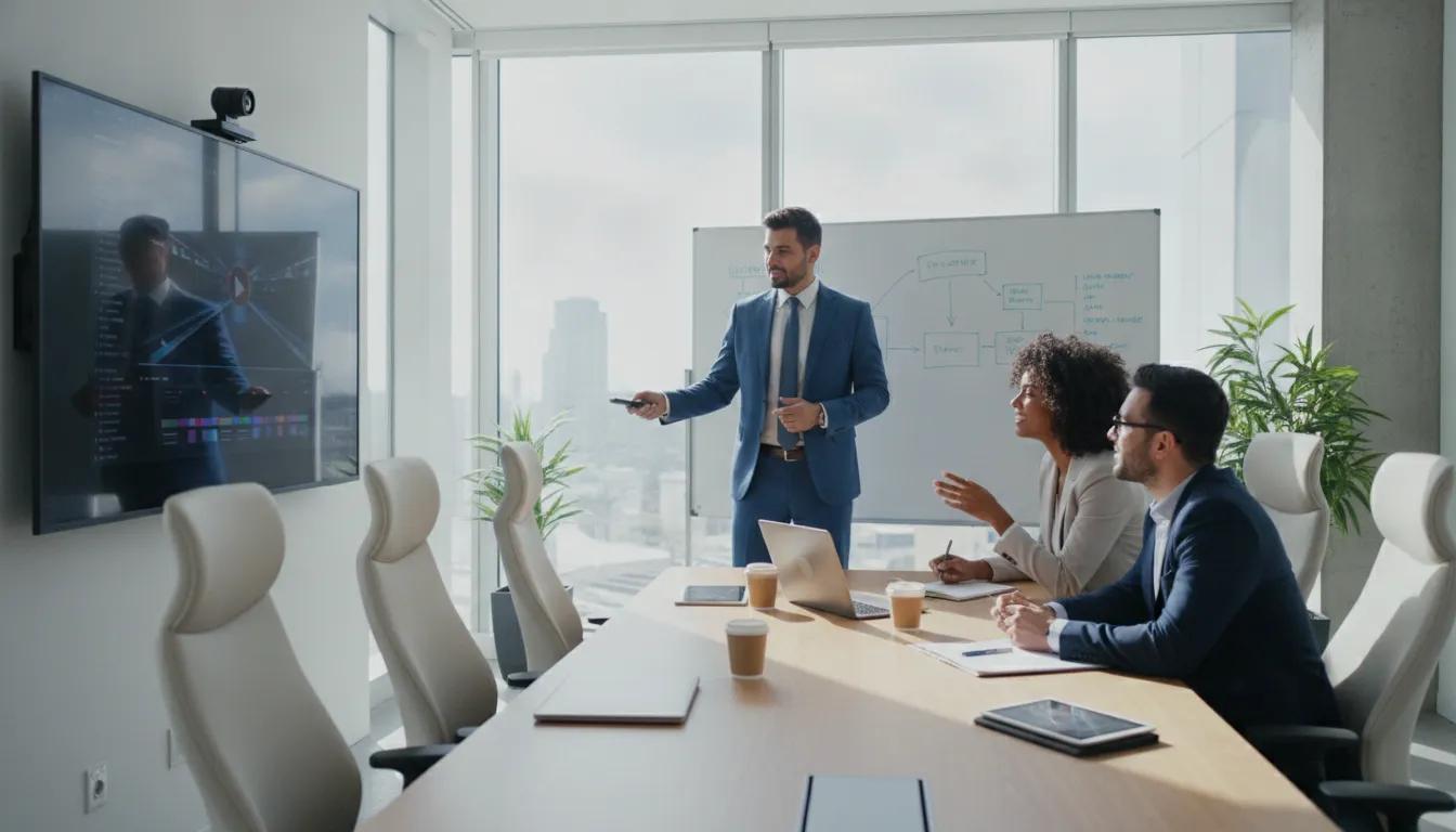 Equipe de negócios assiste vídeo editado com DaVinci Resolve, discutindo estratégia de conteúdo e crescimento.