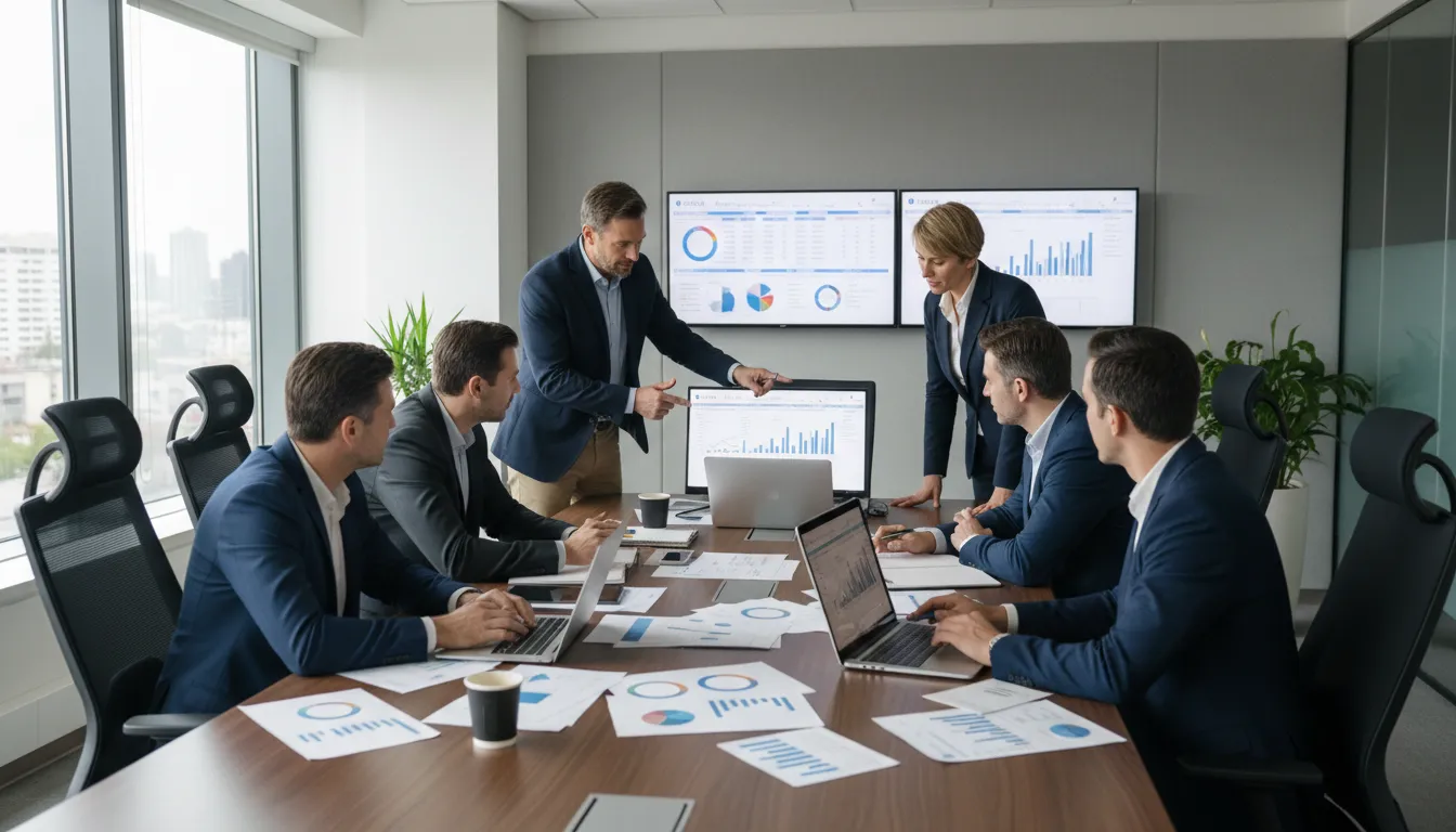 Gestores analisando crédito e finanças para empresas de transporte, representando planejamento estratégico.