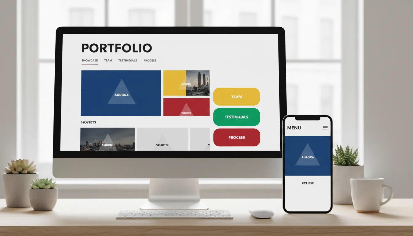 Site para Agência: Portfólio Que Atrai Clientes Premium 1 Layout responsivo de site de portfólio com seções de trabalhos, equipe, depoimentos e processos, em visual moderno