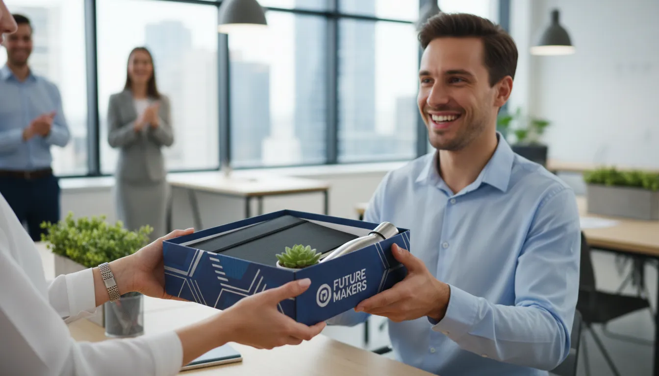 Entrega de kit de brinde personalizado para colaborador em ambiente de escritório moderno