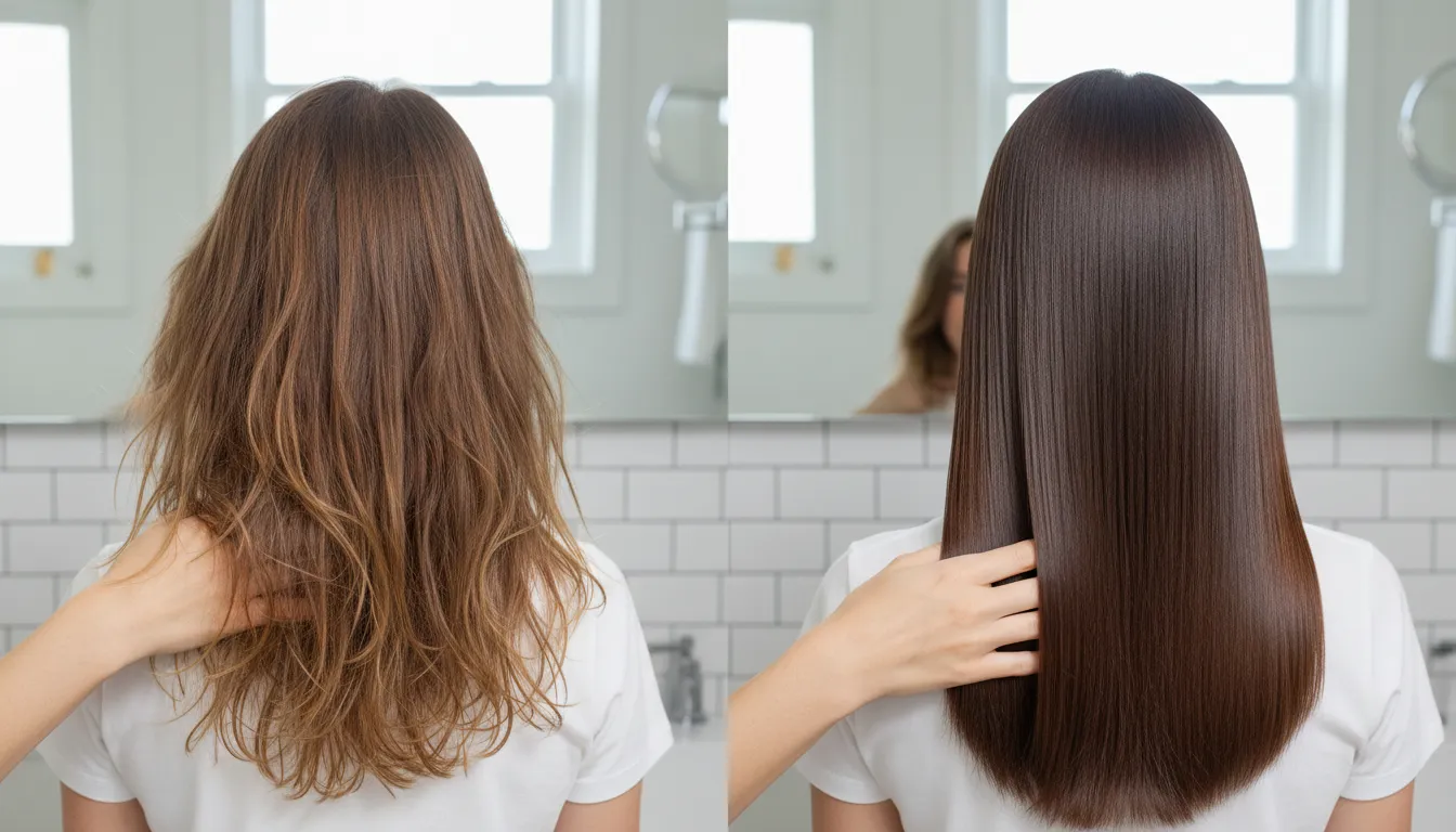 Comparativo fotorrealista entre cabelo danificado e cabelo saudável após recuperação.
