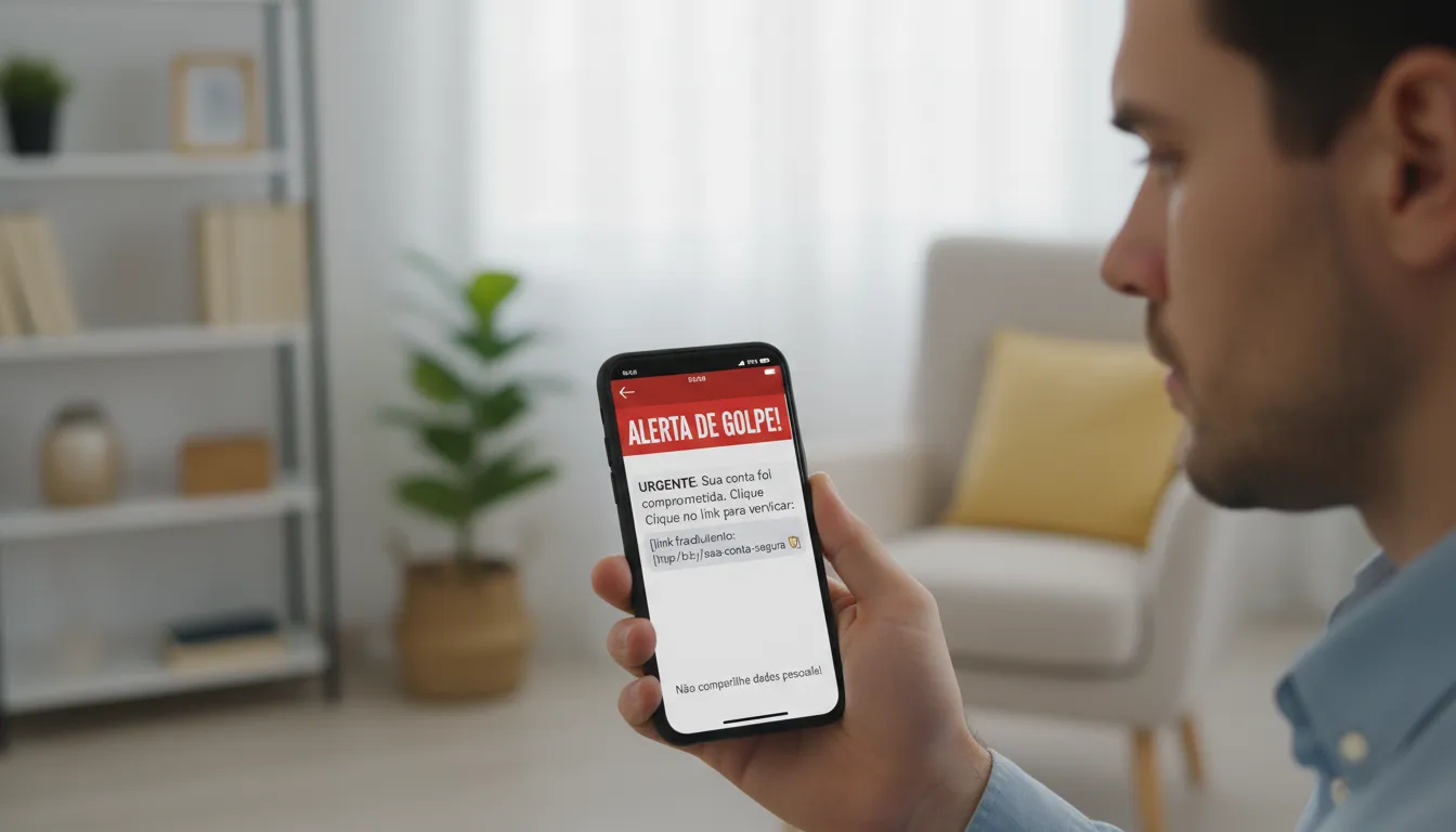Pessoa analisa mensagem suspeita de phishing em smartphone, alerta a possíveis fraudes por SMS.