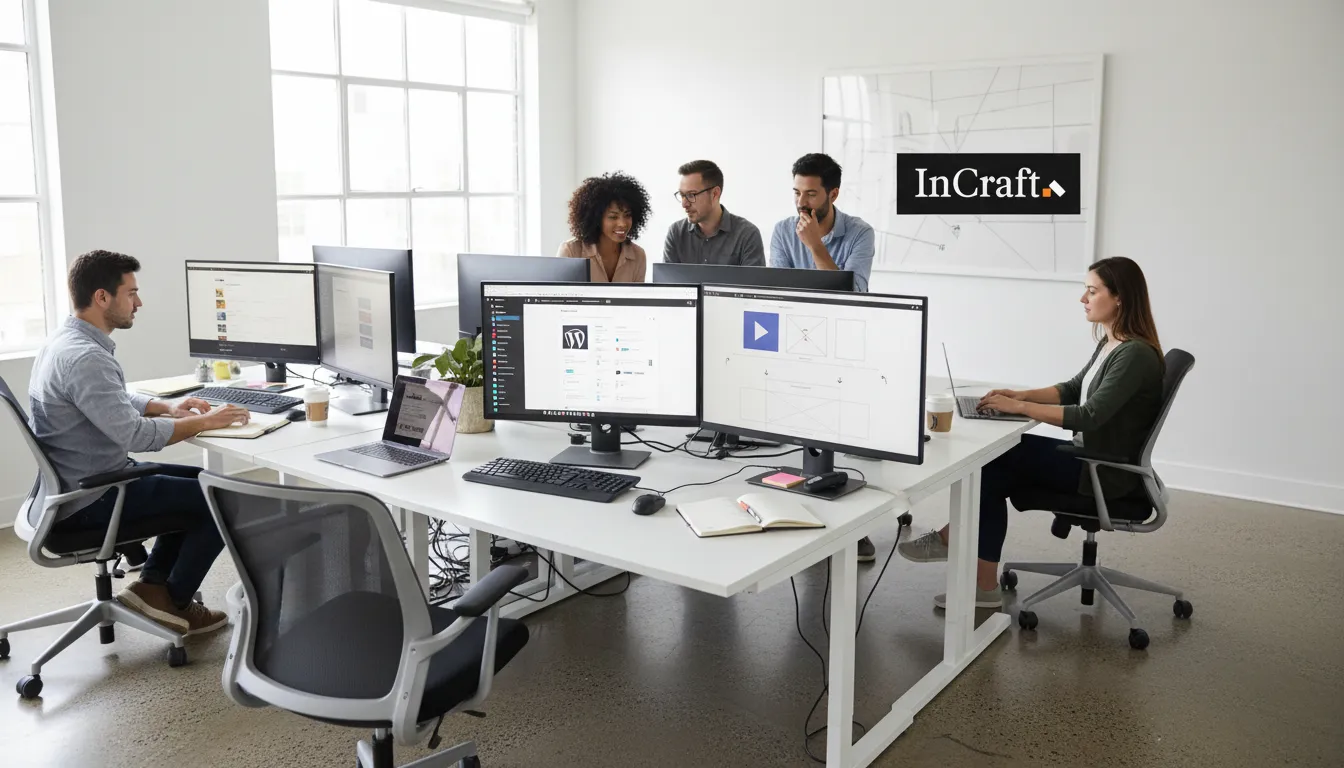 Equipe da agencia cria sites colaborando em design e desenvolvimento web com WordPress e posicionamento estratégico.