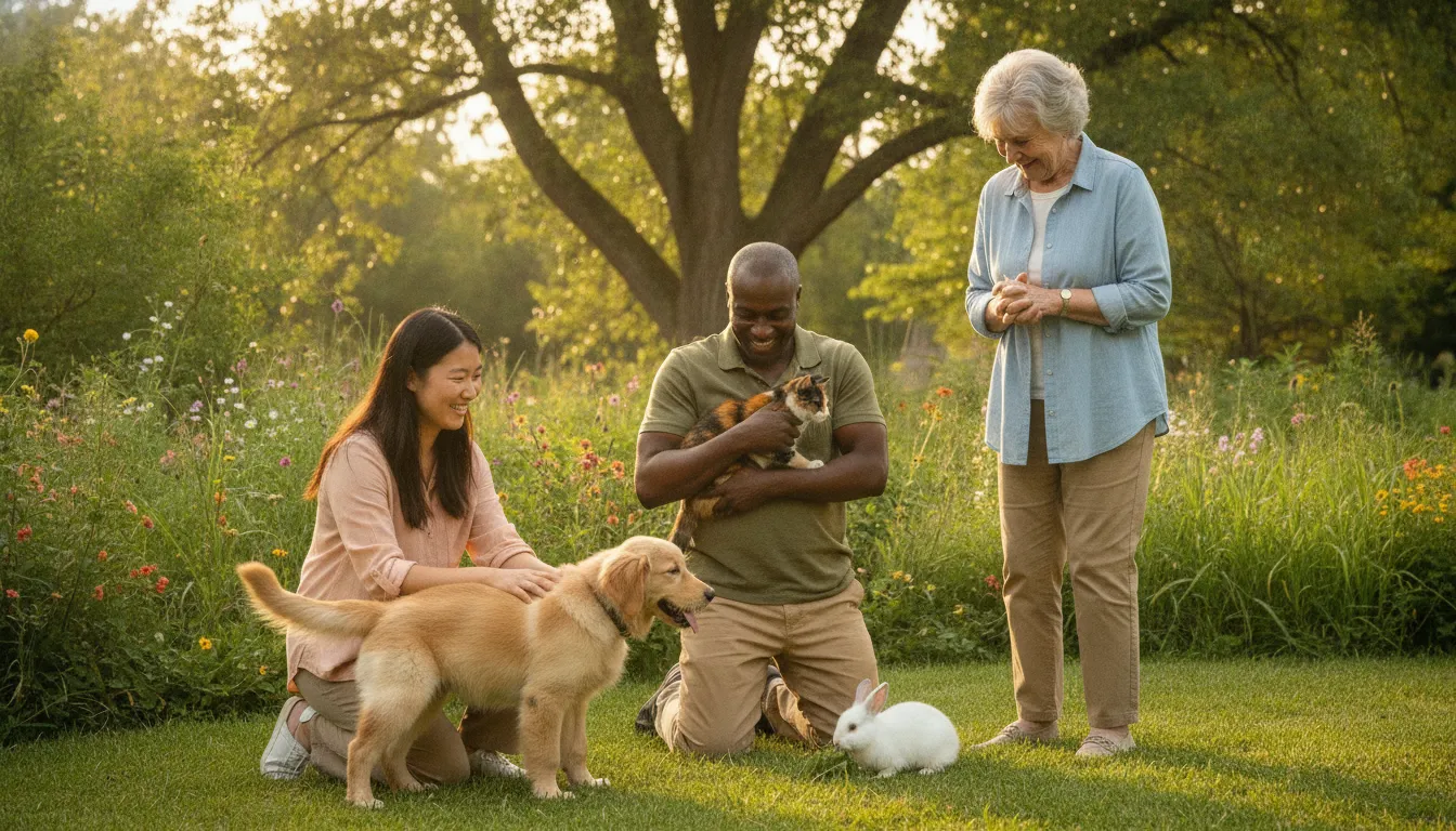 Grupo diverso interage feliz com pets em parque, promovendo bem-estar e saúde mental. Terapia online.