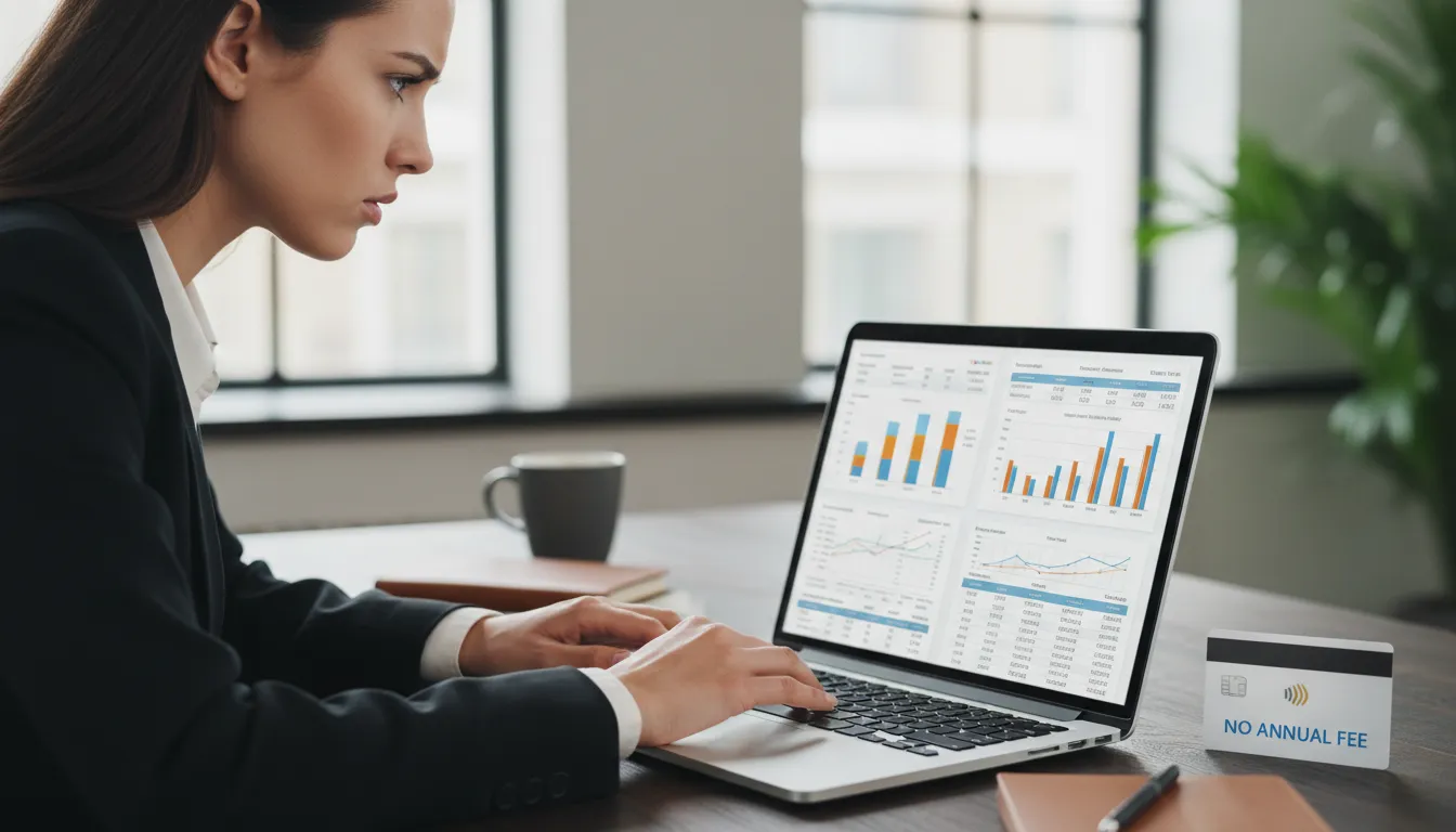 Profissional avaliando planejamento financeiro com cartão de crédito sem anuidade ao lado.