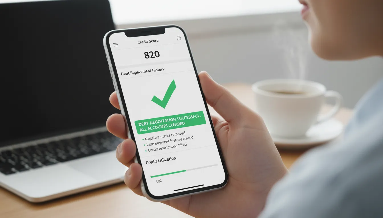 Visão detalhada de relatório de crédito limpo em smartphone, representando sucesso na negociação de dívidas.