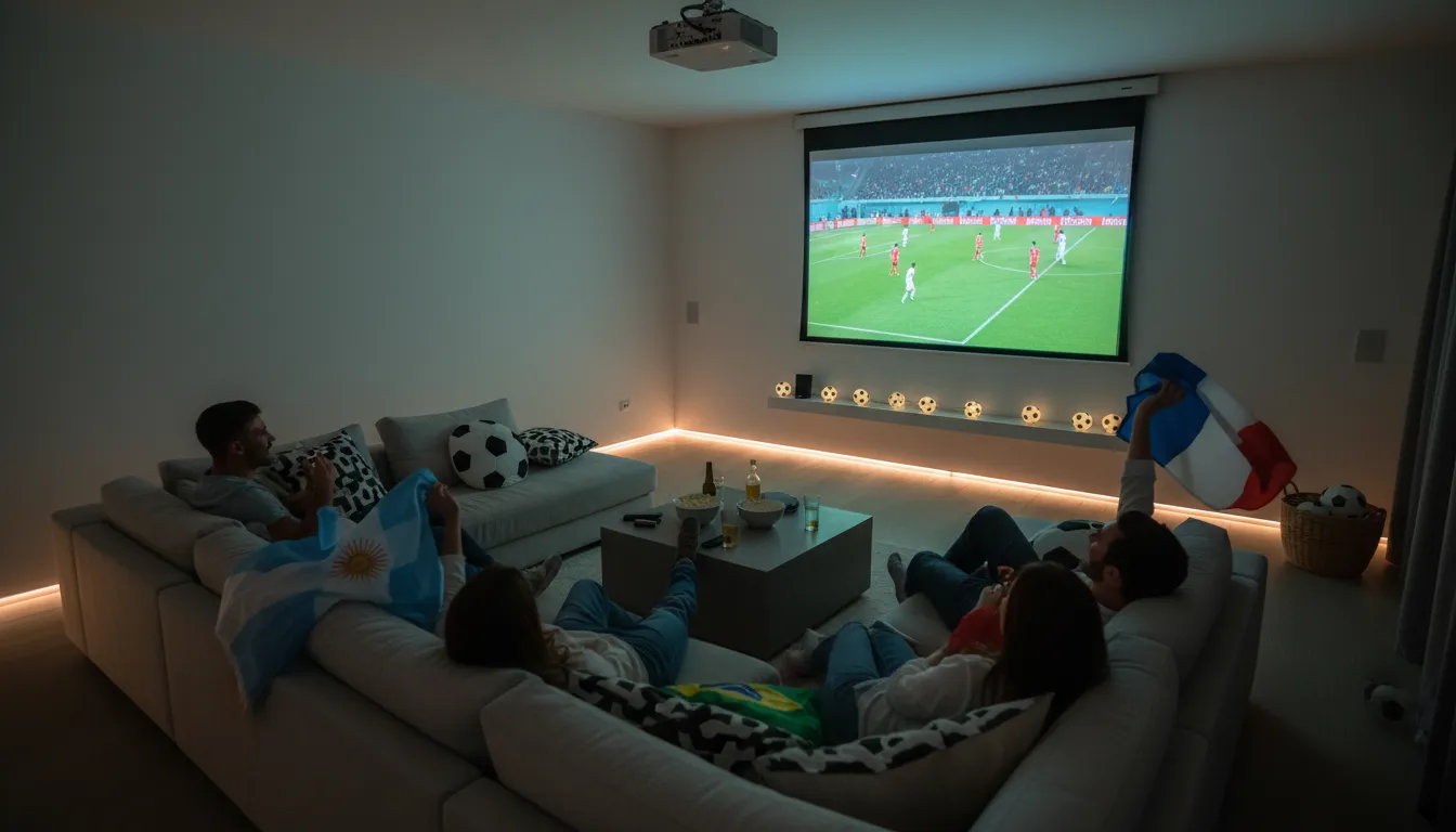 Amigos assistindo em projetor para ver jogo copa em casa, sala moderna, bandeiras e decoração temática.