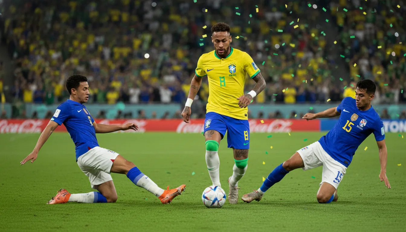 Neymar Jr. em ação em partida da Copa, vestindo a camisa da selecao brasileira e driblando rivais.