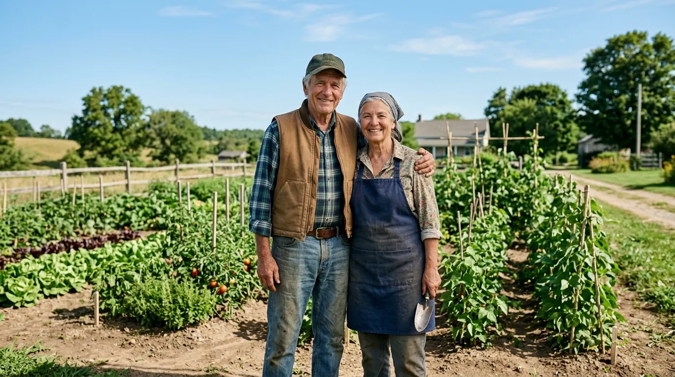 Casal de agricultores idosos sorrindo após garantir aposentadoria rural.
