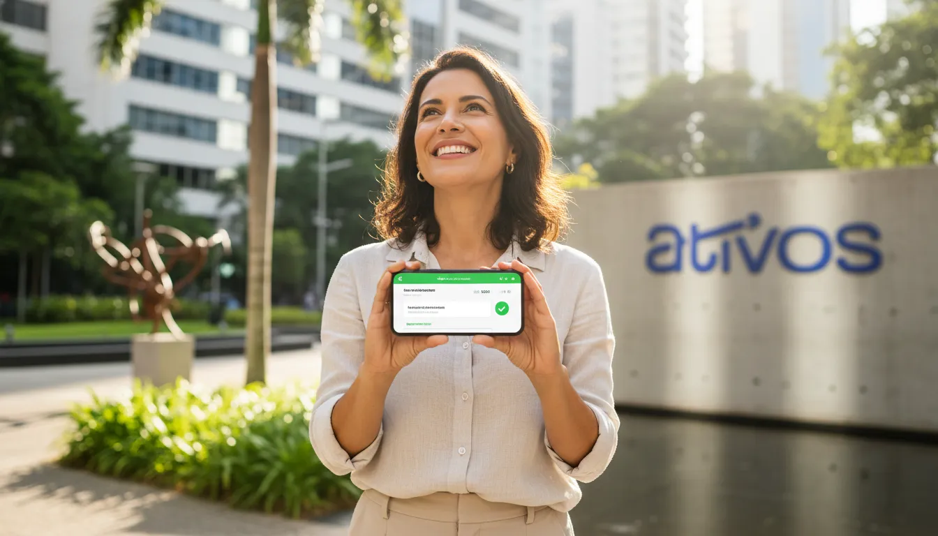 Pessoa feliz e aliviada após receber seu precatorio fácil com a Ativos, desfrutando da liberdade financeira imediata.