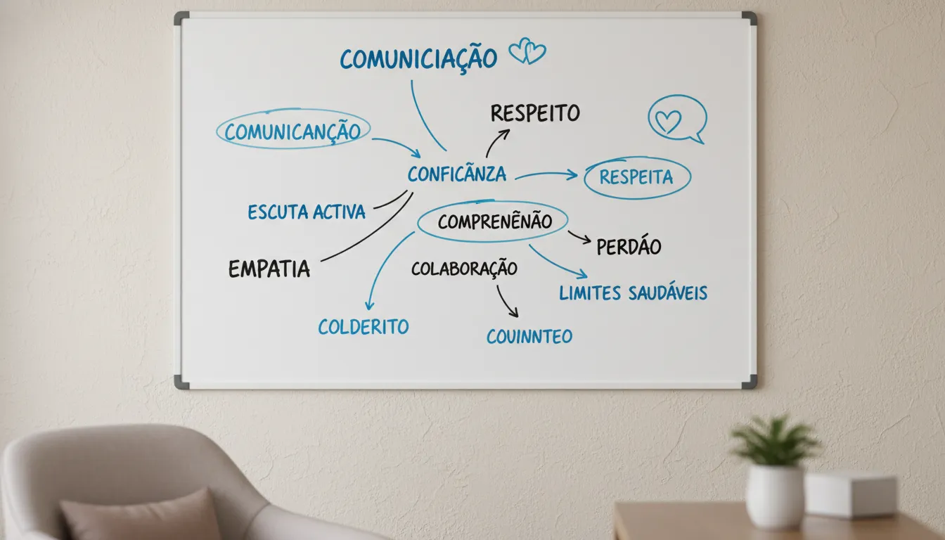 Quadro branco com palavras-chave de relacionamento, ilustrando pontos trabalhados na terapia de casal.
