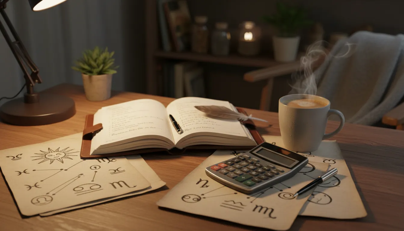 Espaço de autoconhecimento com símbolos astrológicos, caderno aberto e ambiente propício para reflexões.