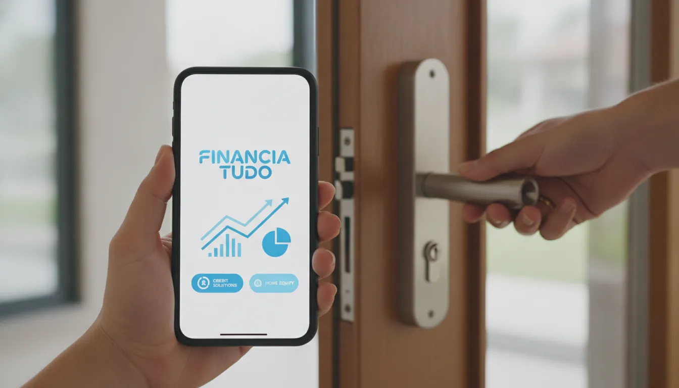Mão segura smartphone com app financeiro, simbolizando acesso fácil a home equity para engenheiros.