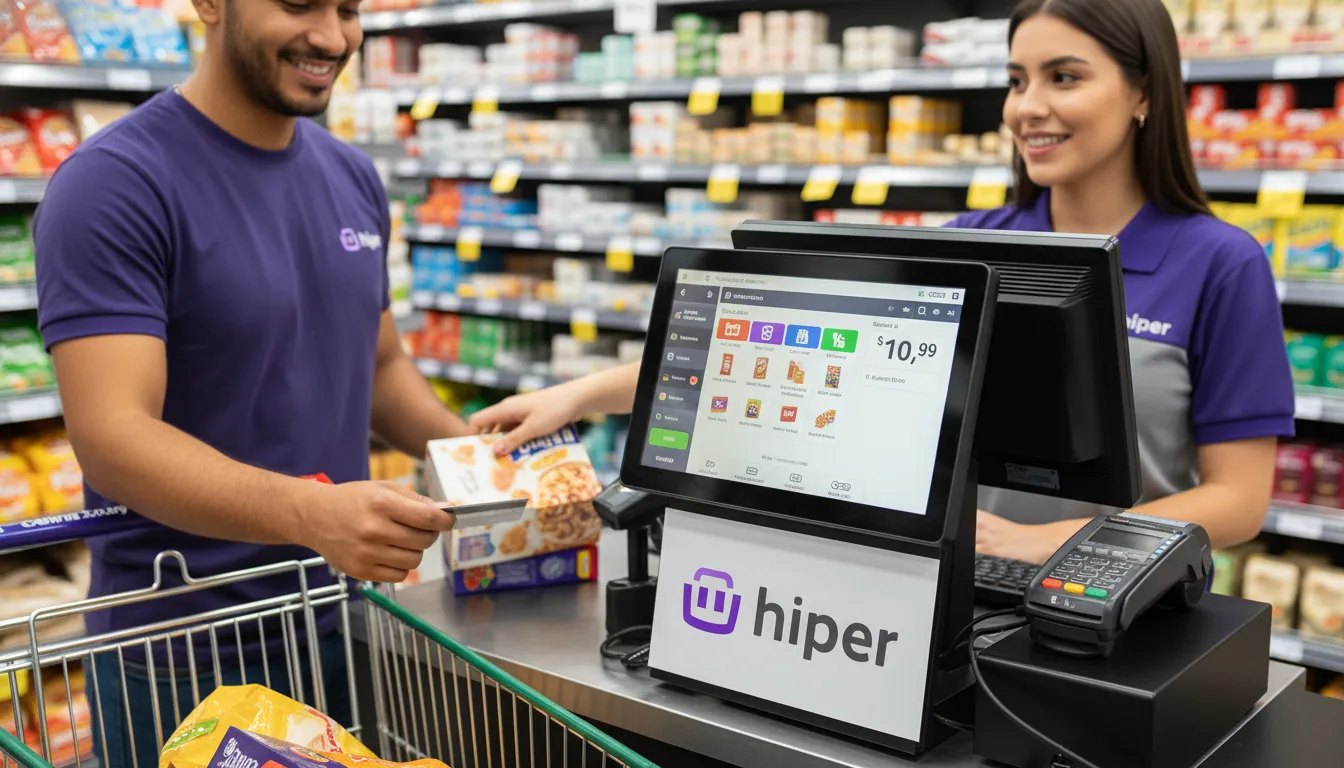 Caixa de um atacarejo processando uma compra em um sistema POS moderno, com cliente satisfeito.