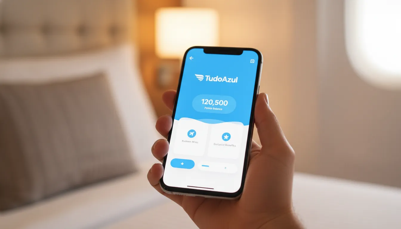 Mão segurando smartphone com aplicativo do programa TudoAzul aberto, mostrando saldo de pontos e benefícios.