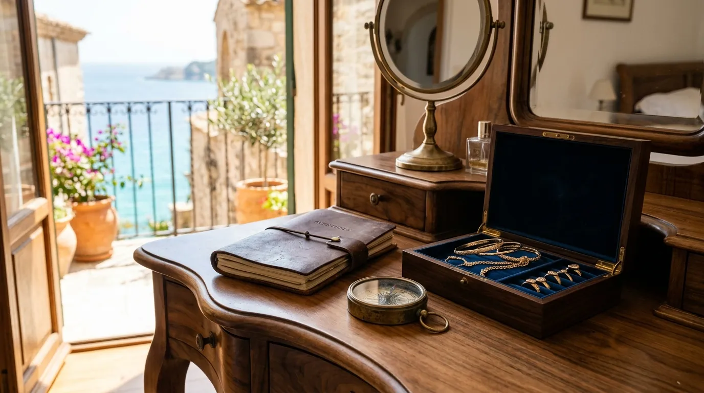 Joias e diario de bordo sobre mesa de madeira, detalhe que transforma qualquer viagem em vivencia extraordinaria.