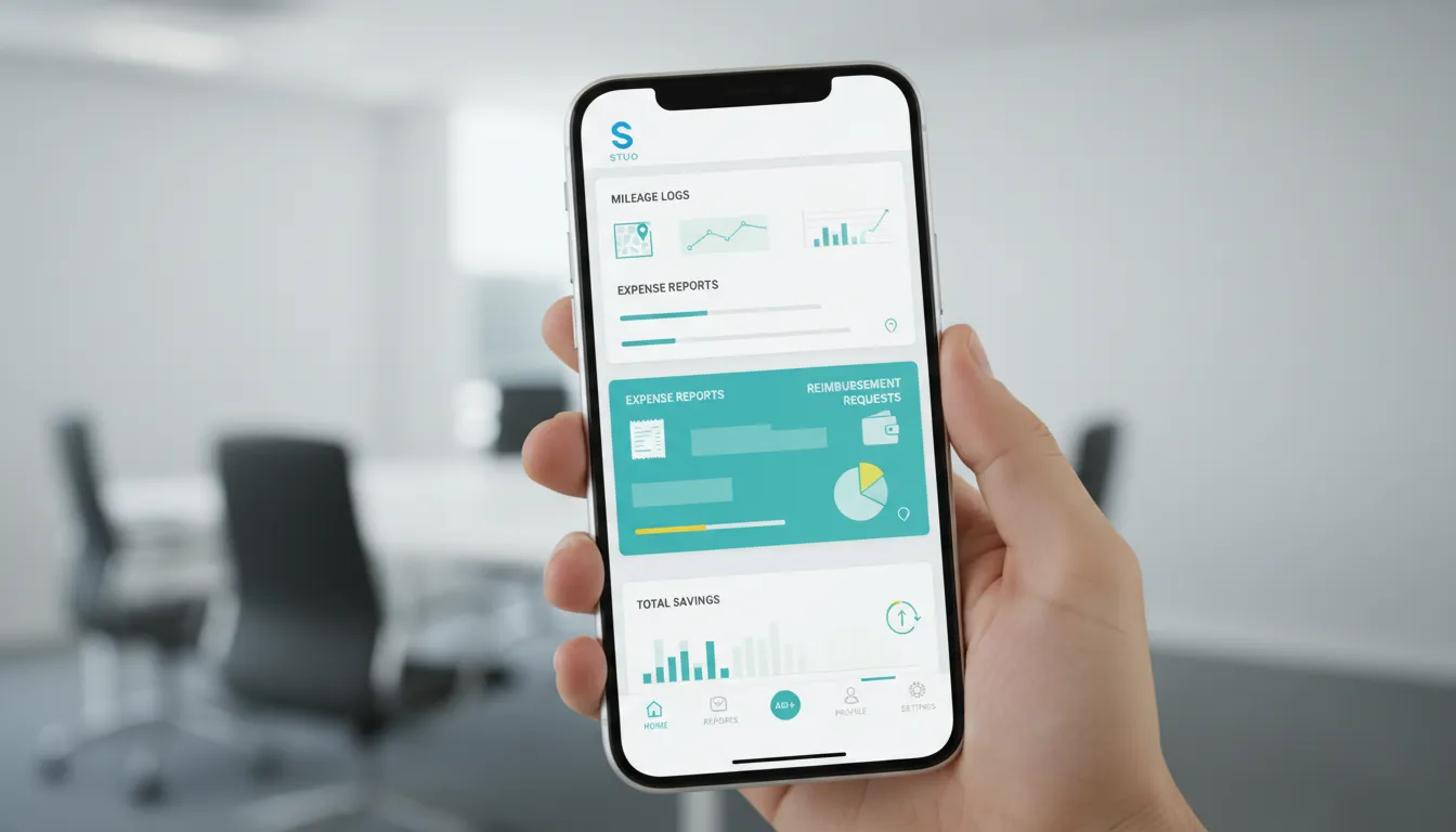 Interface de aplicativo mostrando Gestão de Km para times externos, com relatórios de despesas e reembolsos.