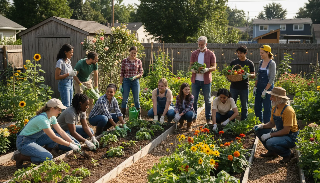 Grupo diverso de pessoas voluntariando em horta comunitária, plantando vegetais e flores, conectadas à espiritualidade através da natureza e união.