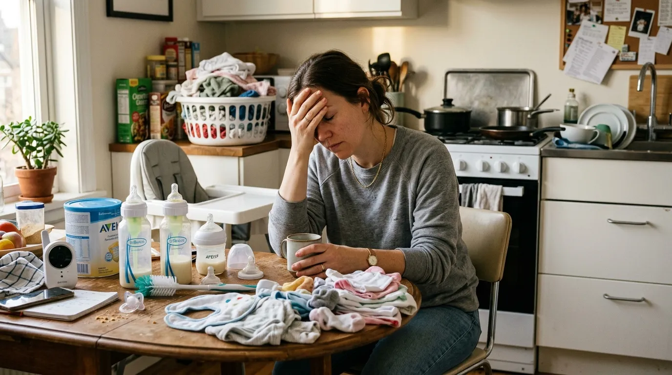 Mulher expressando sobrecarga mental na maternidade com itens de bebê ao fundo.