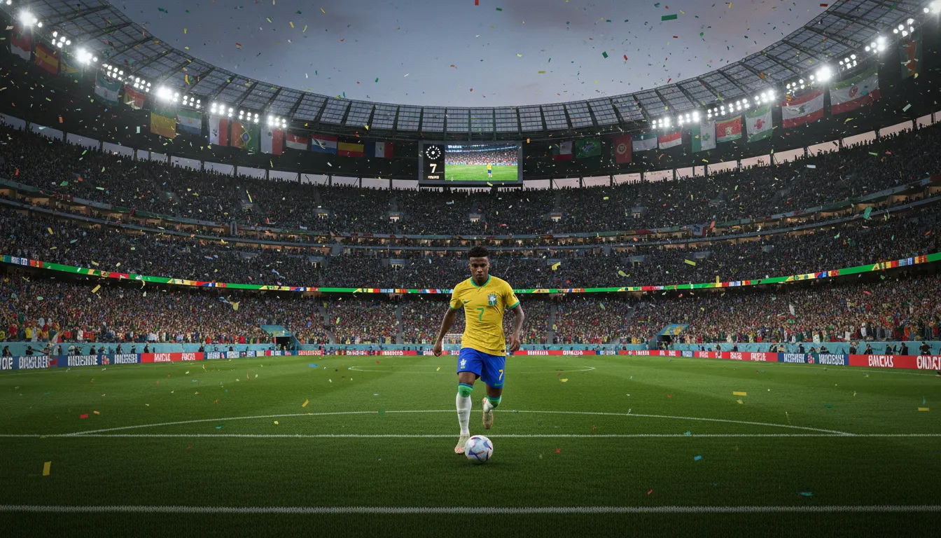 Estádio vibrante com Vinícius Júnior em campo, representando a promessa de artilheiro copa 2026 final.