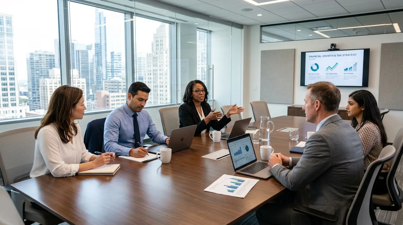 Reunião de negócios demonstrando como ir trabalhar nos Estados Unidos e abrir empresas.