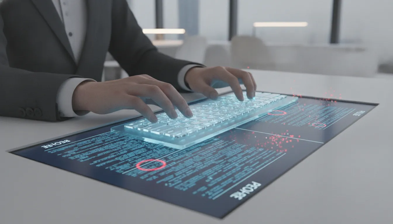 Mãos digitando em teclado futurista, tela mostra citações do ChatGPT com texto alterado. Impacto na escrita.