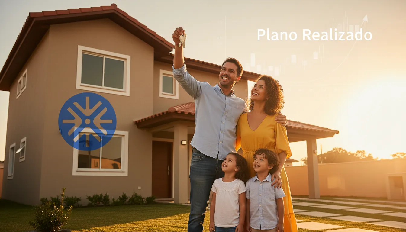 Família feliz em sua nova casa, resultado de um perfil financeiro bem gerido para aprovação de crédito.