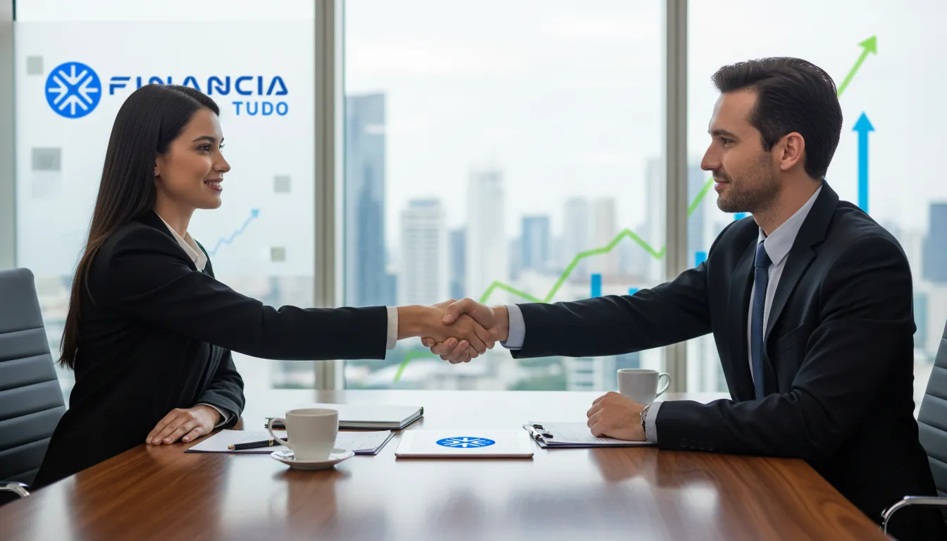 Parceria financeira selada com um aperto de mãos, simbolizando a escolha inteligente entre crédito com garantia ou financiamento.