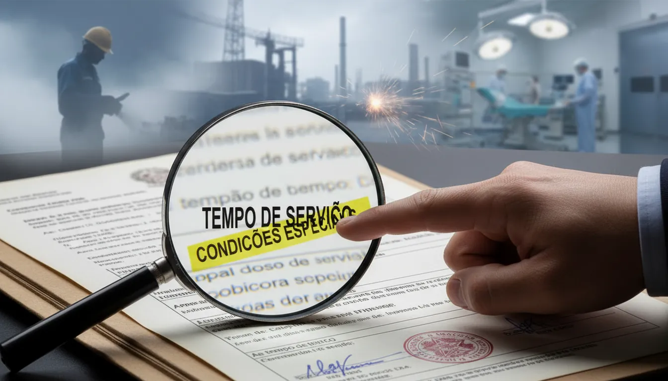 Documentos e provas de tempo de serviço para comprovar requisitos da aposentadoria especial, com foco em detalhes.