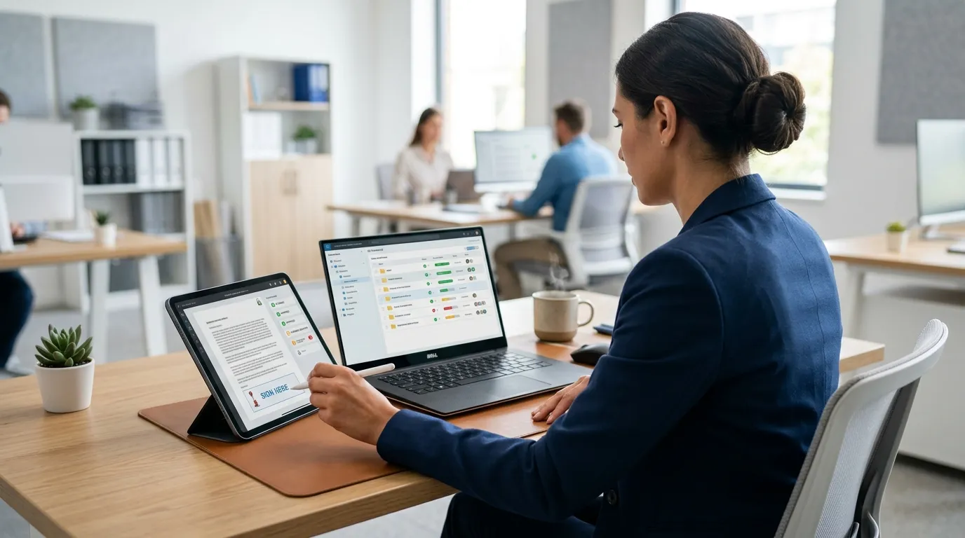 Gestão digital e validação de contrato de prestação de serviço através de software em computador.