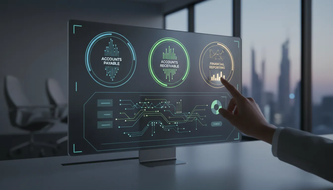 Painel futurista exibindo fluxos automatizados, facilitando a automação complexa de finanças com interface intuitiva e design eficiente.