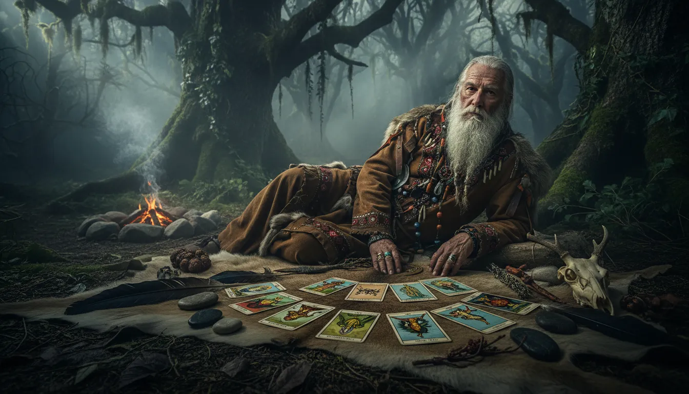 Xamã idoso colocando cartas de Tarot sobre pele de animal, rodeado por elementos naturais em floresta mística.