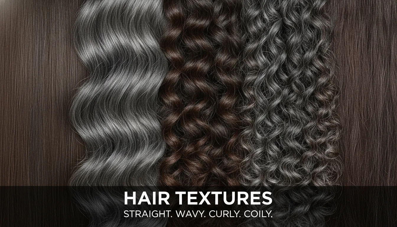 Detalhe de diferentes texturas de cabelo com fios grisalhos e aspecto brilhoso e saudável