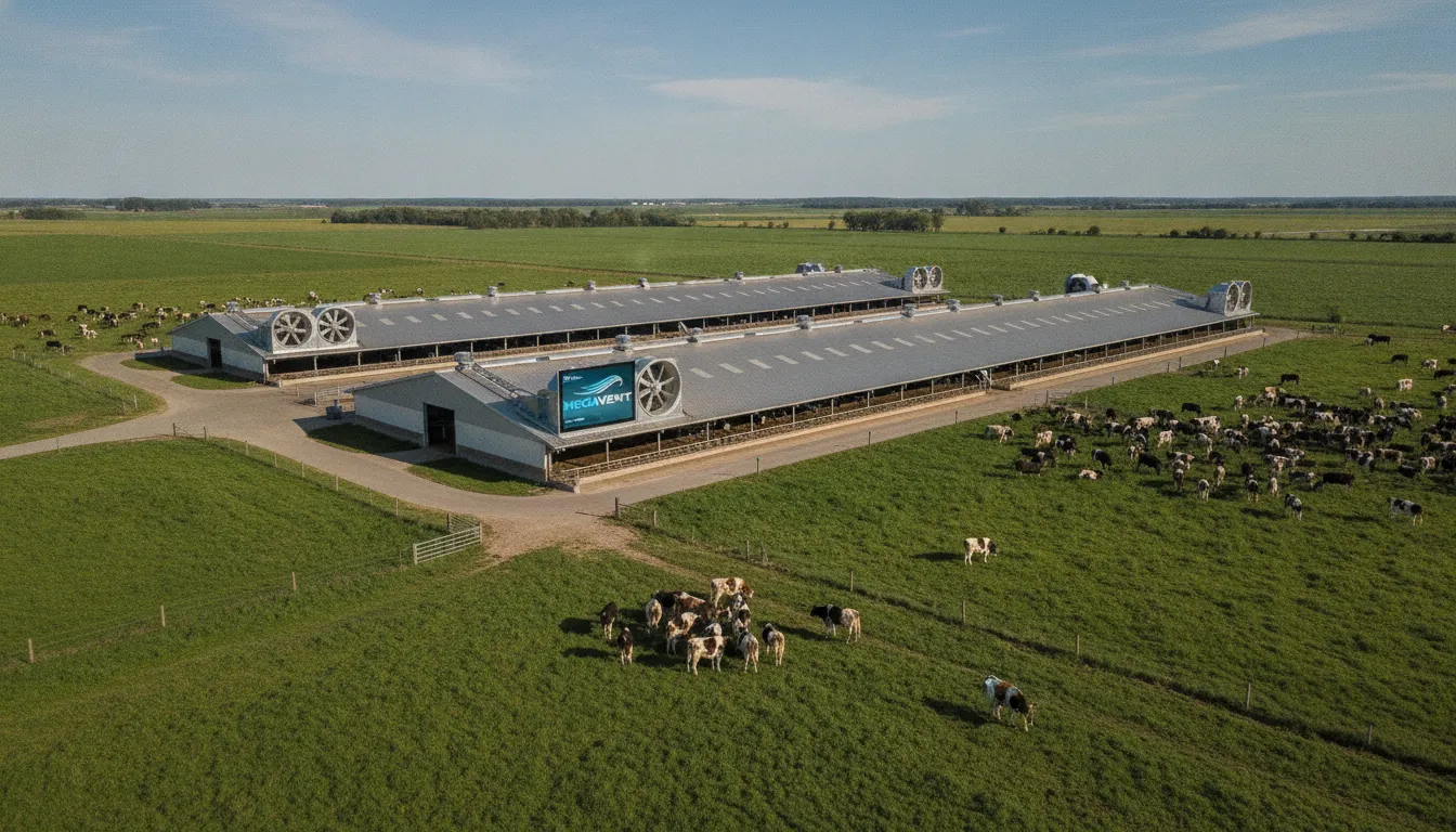 Visão aérea de fazenda moderna com sistema de ventilador para estábulo MegaVent, otimizando produção.