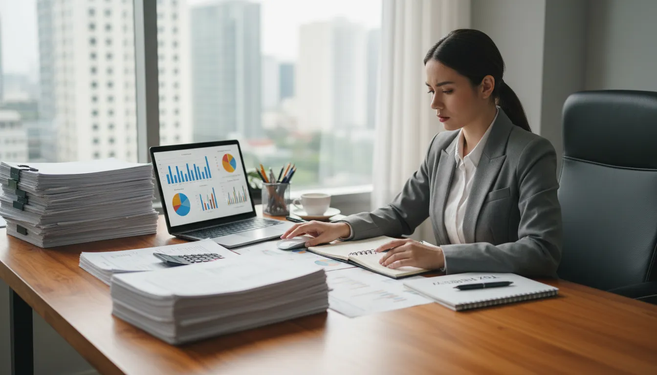 Contador trabalhando em meio a documentos fiscais e relatórios financeiros, representando Como funciona a tributação de Empresas nos EUA.