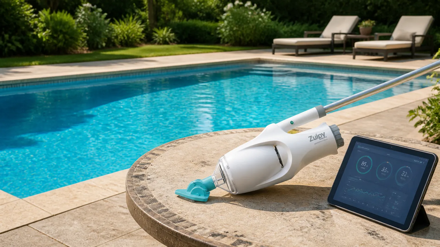 Manutenção moderna com robô aspirador de piscina em área de lazer completa.