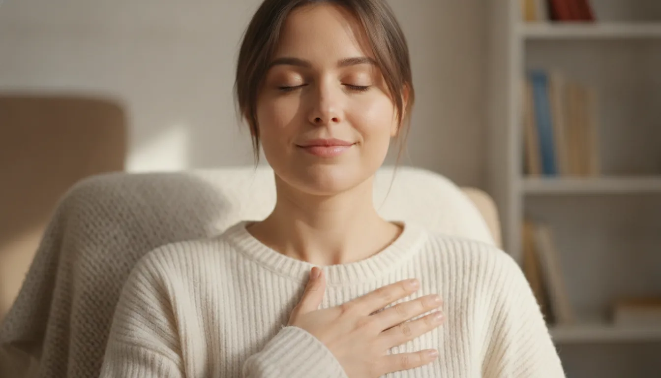 Rosto sereno de pessoa com olhos fechados, simbolizando paz e superação do excesso e obsessão.
