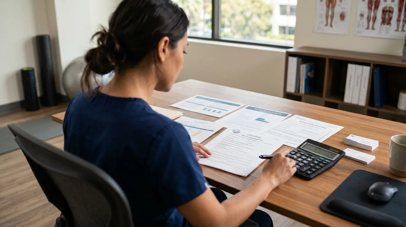 Documentos e calculadora sobre a mesa simulando abertura de cnpj para fisioterapeuta autonomo