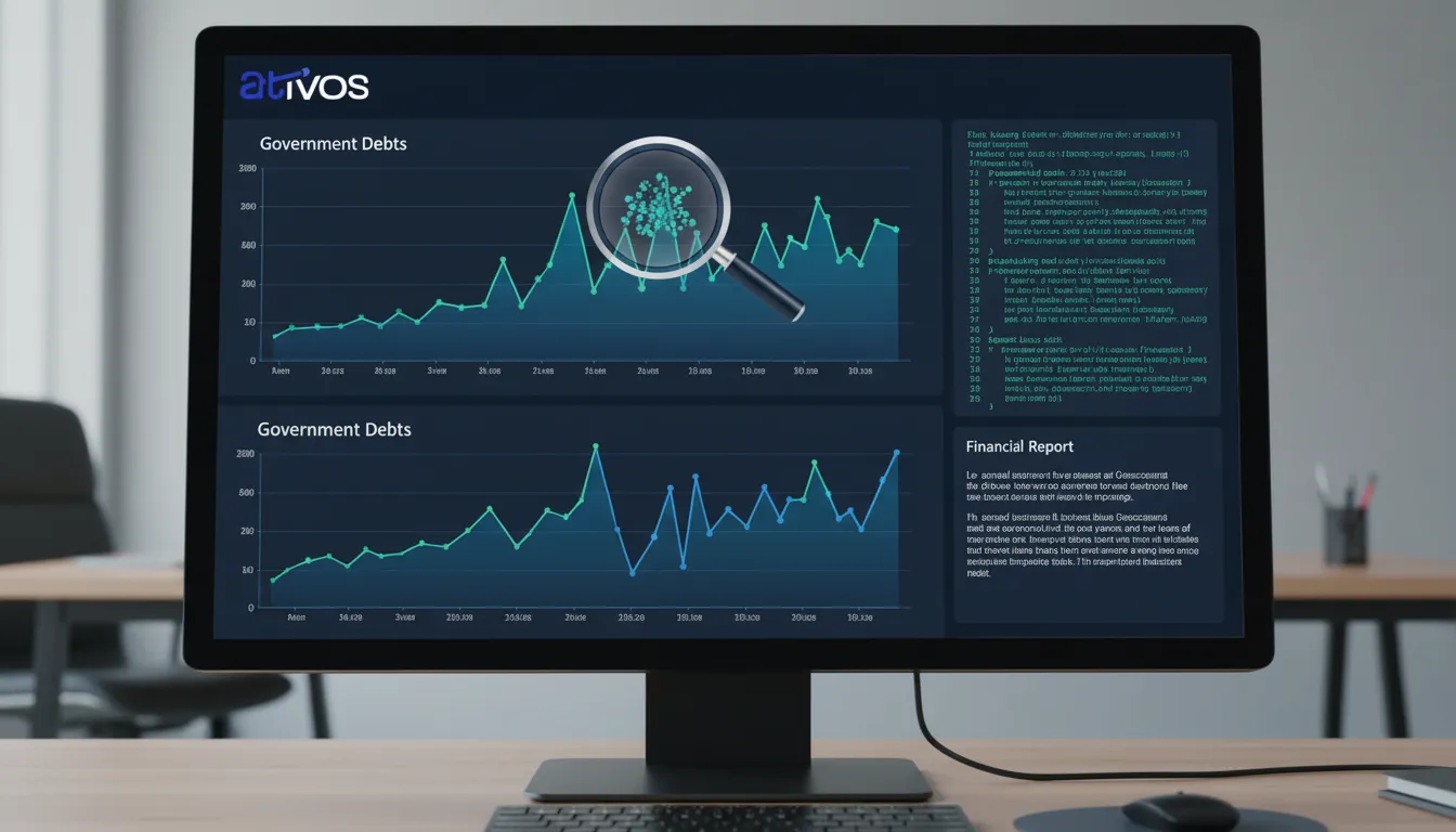 Interface digital com gráficos financeiros, mostrando o que é precatório e sua análise de dados e legalidade.