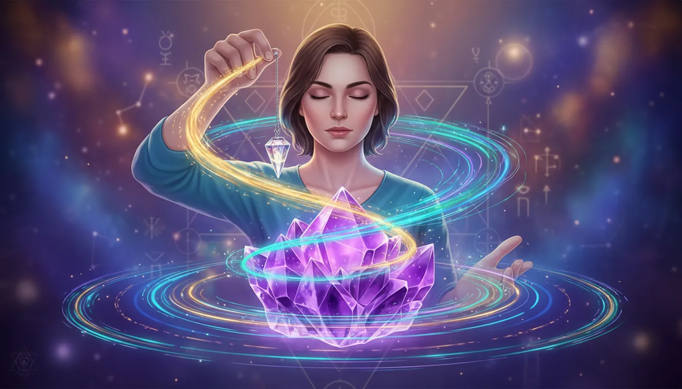 Ilustração de radiestesia com cristal, mostrando a troca de energias e padrões vibracionais.