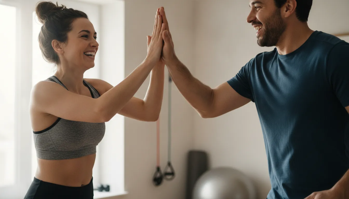 Dois amigos comemoram treino juntos, reforçando a motivação para treinar no frio com companhia e apoio.