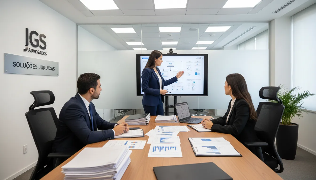 Advogado discutindo estratégias em ambiente profissional e moderno.