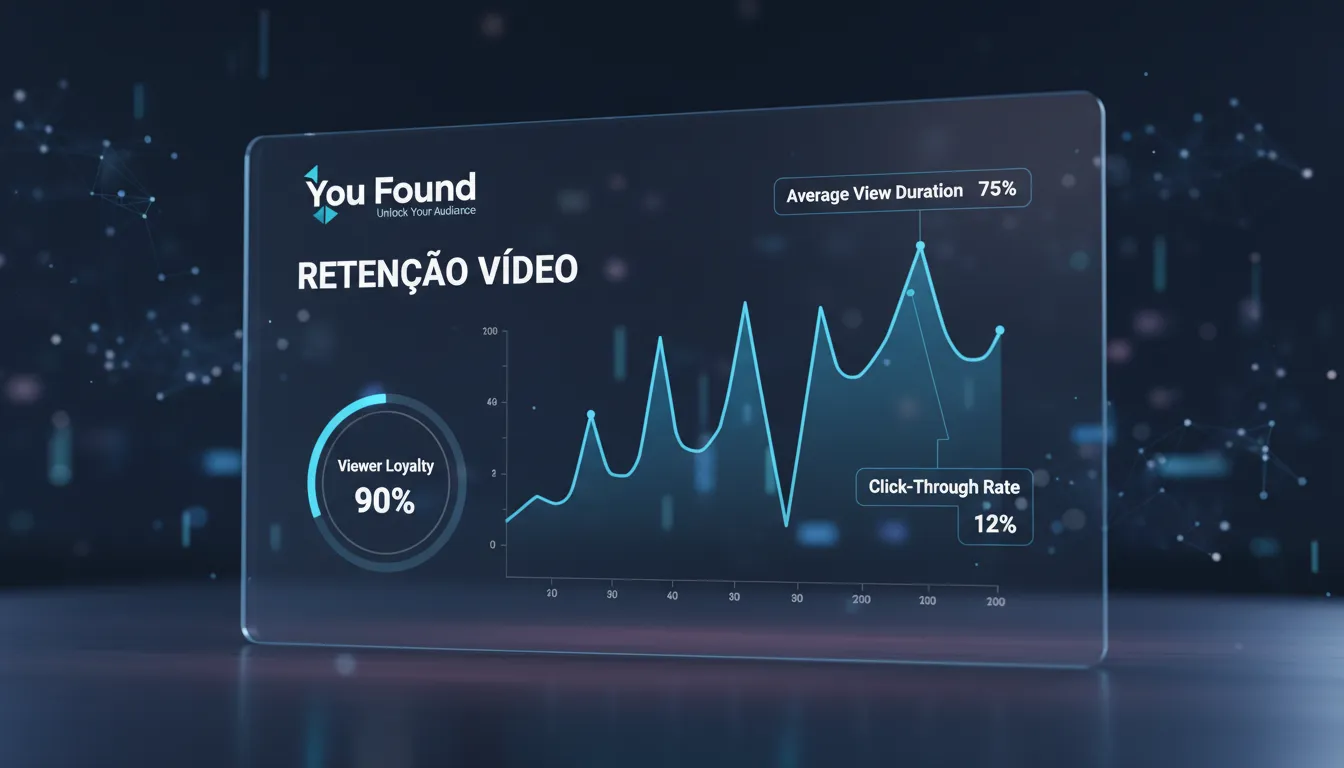 Dashboard digital mostrando métricas de retenção de vídeo, gráficos em alta indicando engajamento do espectador. You Found.