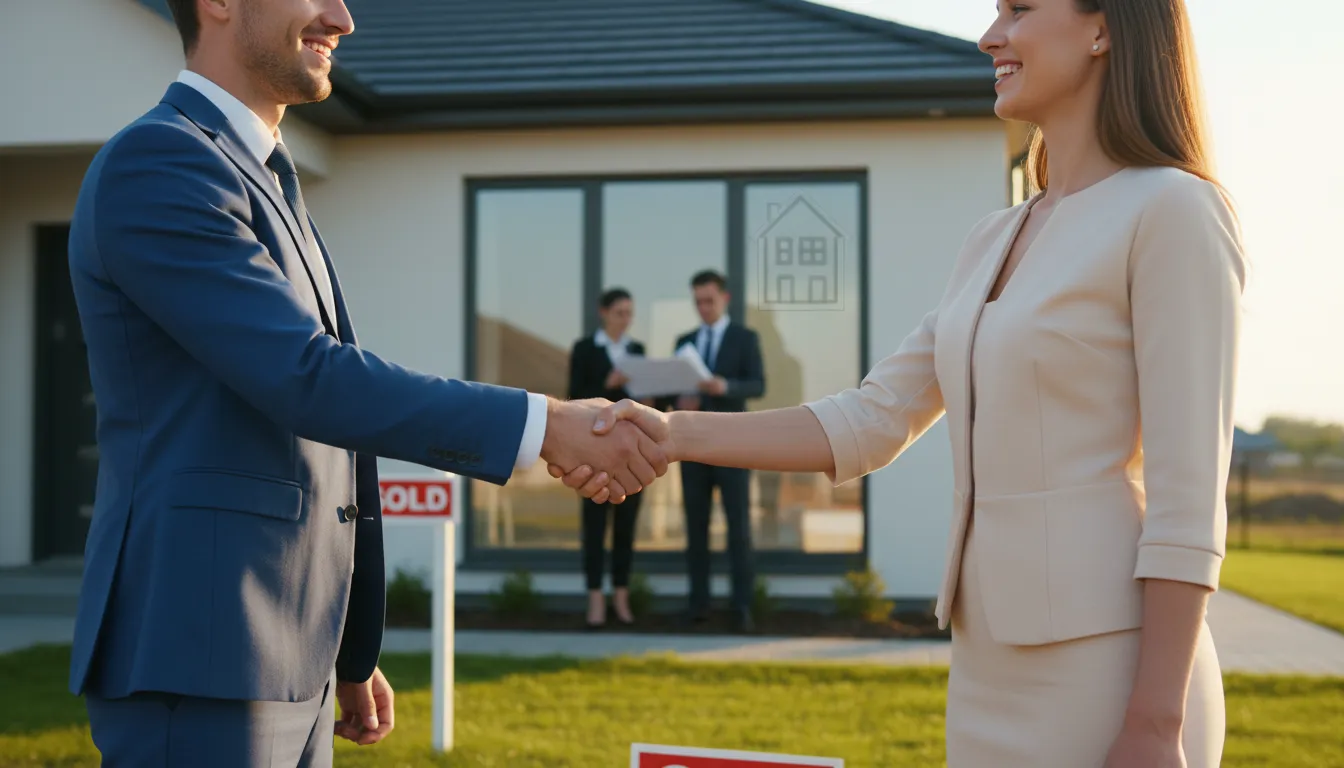 Aperto de mãos selando negócio imobiliário após Análise de Riscos para Compra e Venda (Due Diligence) bem-sucedida, garantindo segurança jurídica.