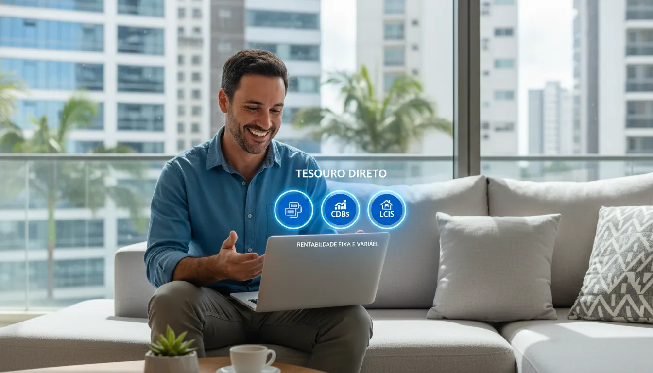 Pessoa planejando investimentos além da poupança, analisando Tesouro Direto, CDBs e LCIs no notebook